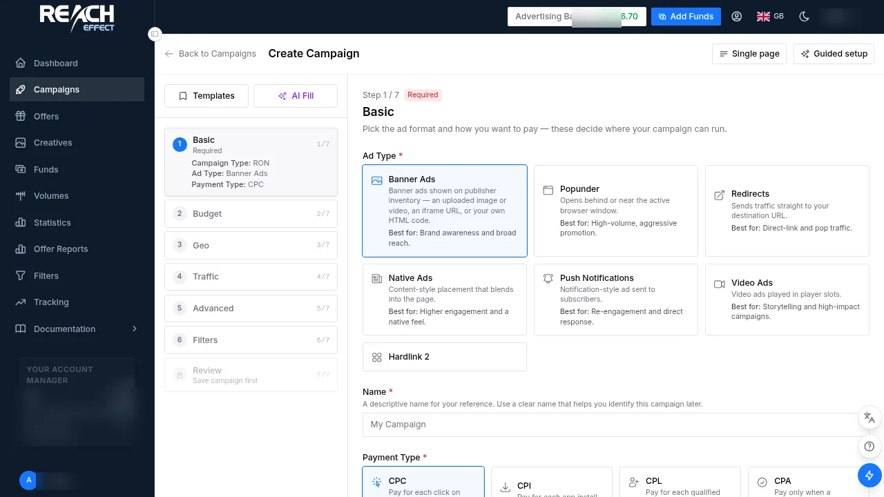 The Create Campaign form on the Basic step with the ad-type cards and the seven-step progress bar