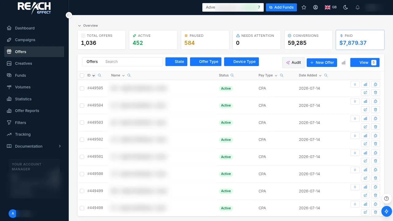 The Offers page with search, category filter and columns for pay type, payout, countries and status