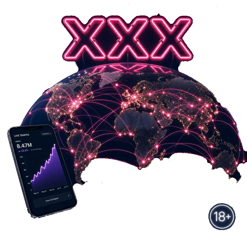 Adult traffic on Reacheffect: a night-time globe, a phone showing a live traffic chart and an 18+ badge