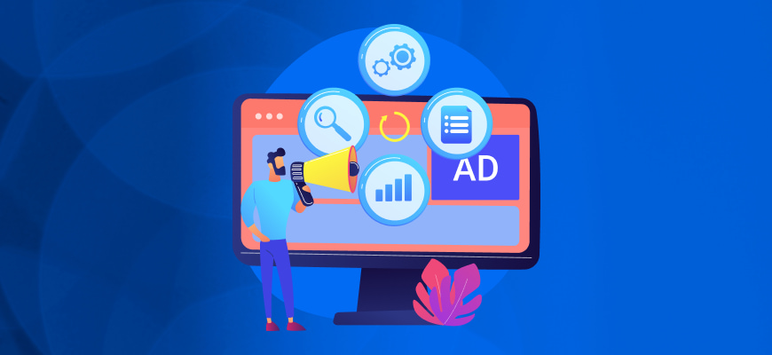 A graphic of a man with a megaphone in front of a monitor displaying ads and analytics icons.