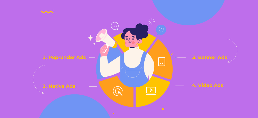 Illustration of a person with a megaphone and icons representing various ad types.