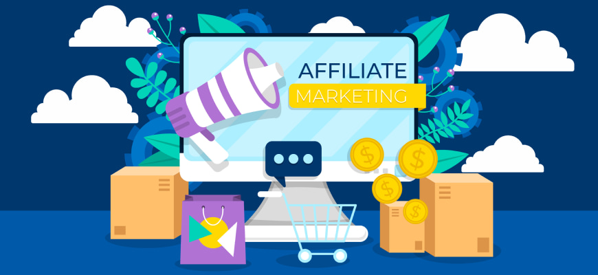 graphic depicting elements of affiliate marketing, including a megaphone and coins.