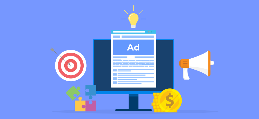 decorative illustration with ad, monitor and coins