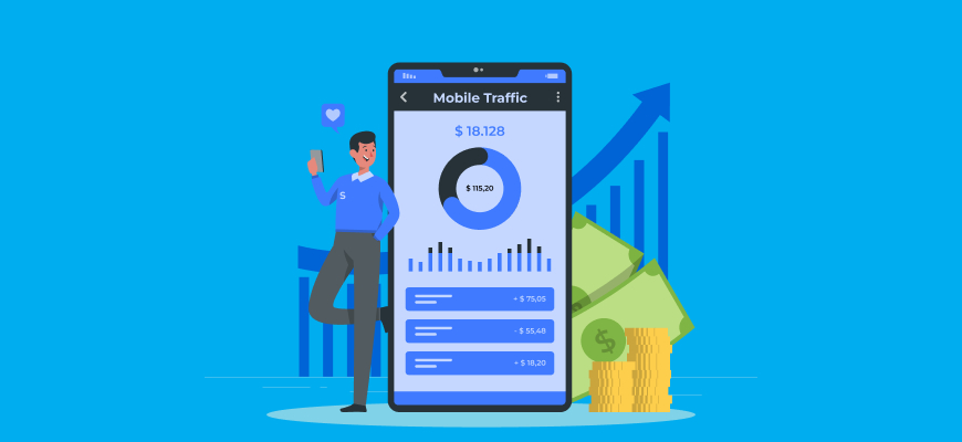 A man gestures to a large smartphone displaying graphs and earnings for mobile traffic, with icons for money and growth.