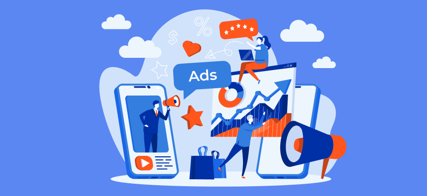 Digital marketing and advertising concept with graphics and people using mobile devices
