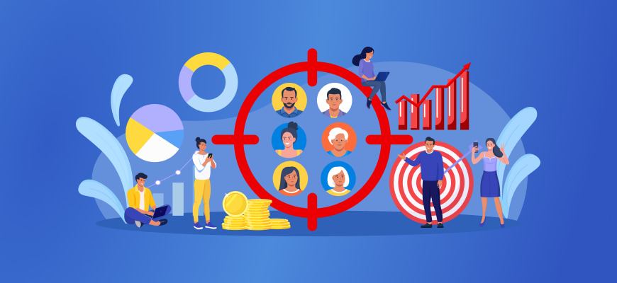 Target graphic with diverse people icons and financial elements on blue.