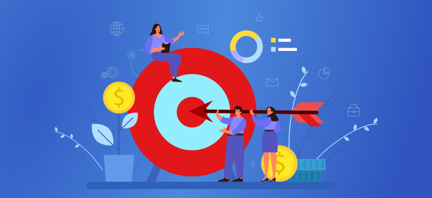 Business team with dart on target and financial icons on blue.