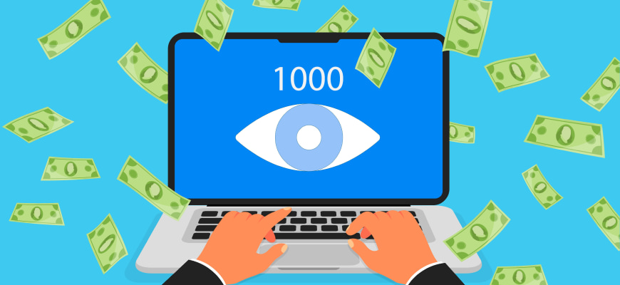 GPT
Illustration of hands typing on a laptop with an eye on the screen and money flying around it.