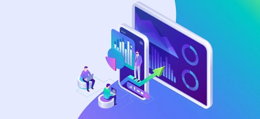 Digital analytics concept with characters and graphs