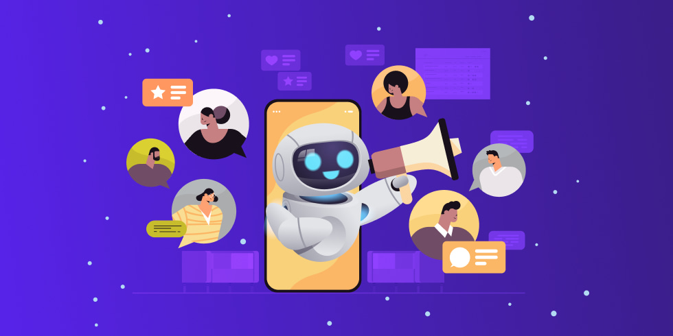 Chatbot and user icons, social media concept