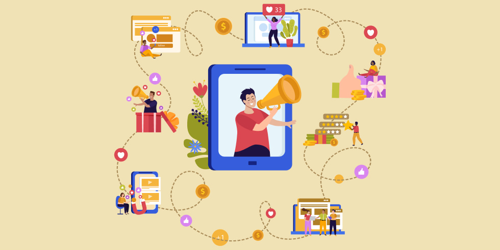 Digital marketing activities network illustration