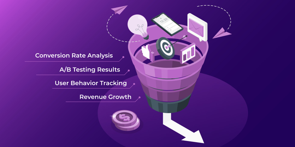 Funnel graphic with conversion rate concepts