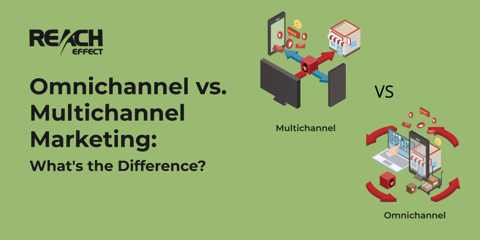 Text and isometric graphics about omnichannel vs multichannel marketing