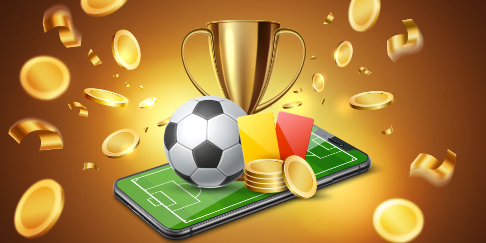 Mobile betting concept with soccer ball, trophy, and coins