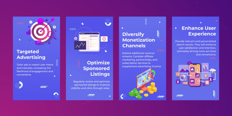 Search monetization steps with colorful graphics