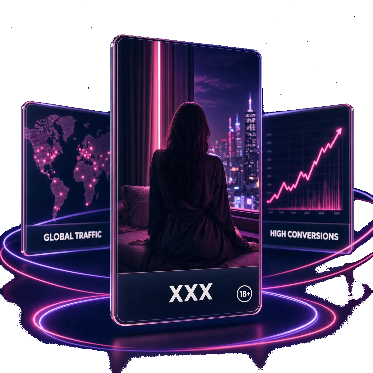 Adult traffic network dashboard with XXX category label and 18+ badge